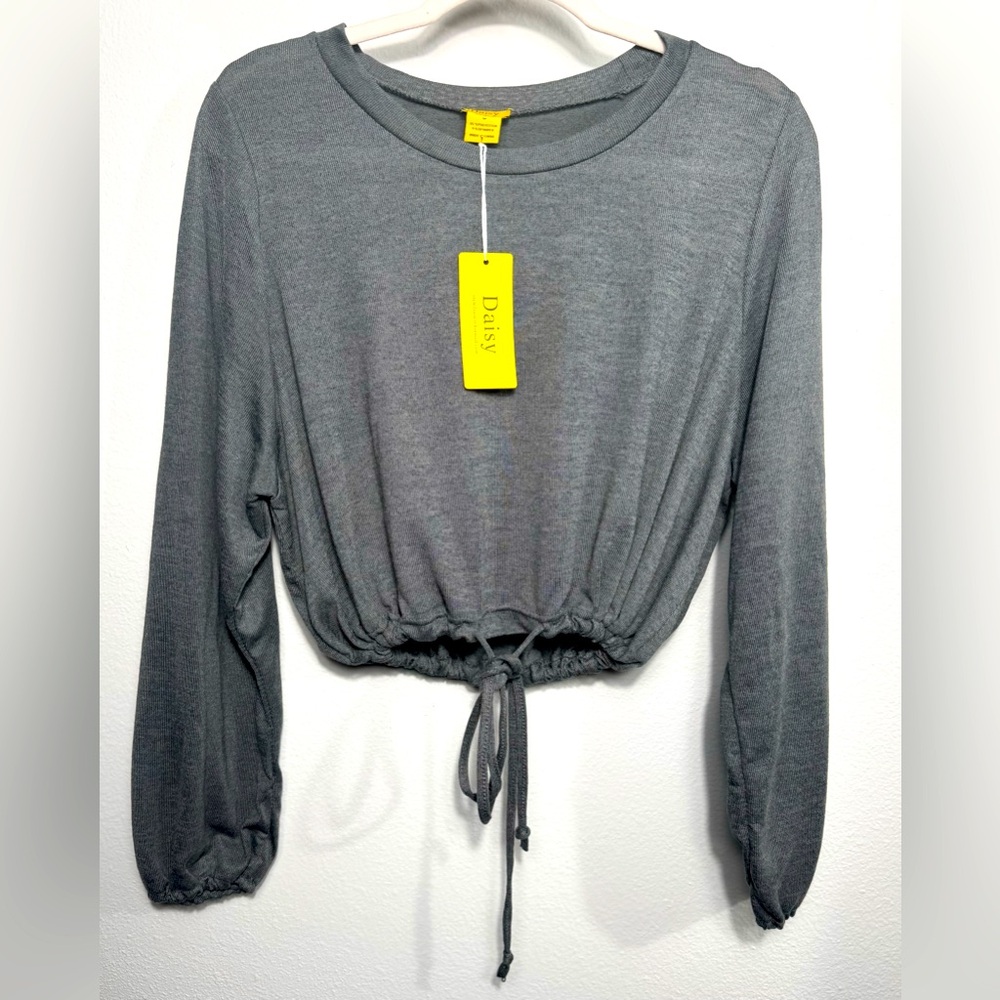 Daisy Gray Long Sleeve Crop Blouse with Tie Front